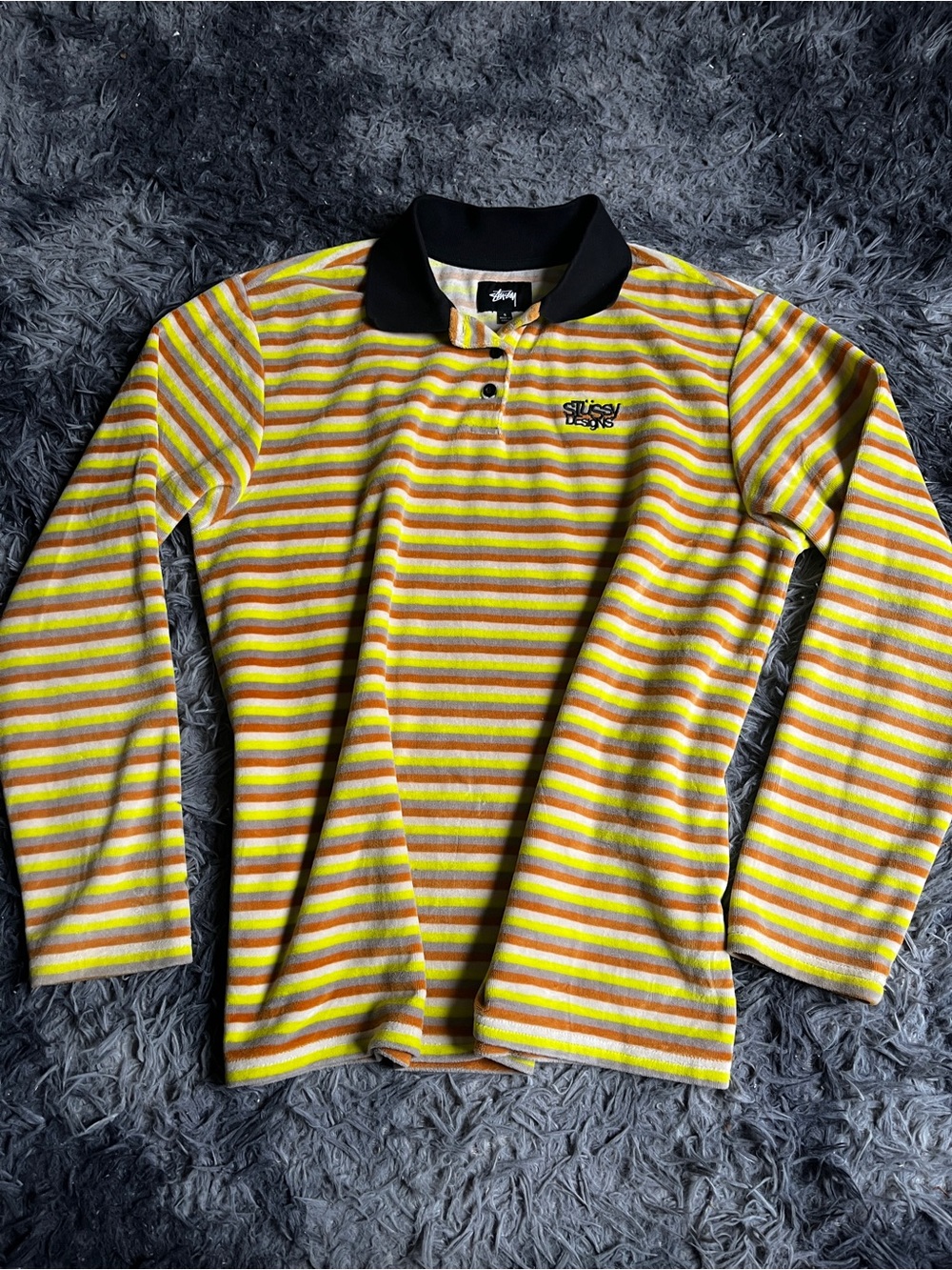 Stussy Kids Long-Sleeve Striped Polo — Yellow, Green, Black